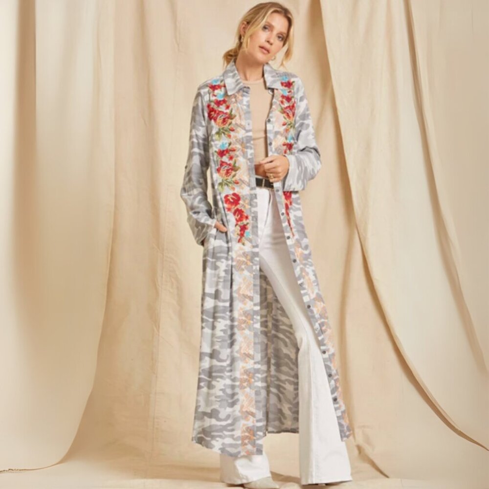 Savannah Jane Embroidered Maxi Dress Duster Jacket Boho Camo Print Size Large